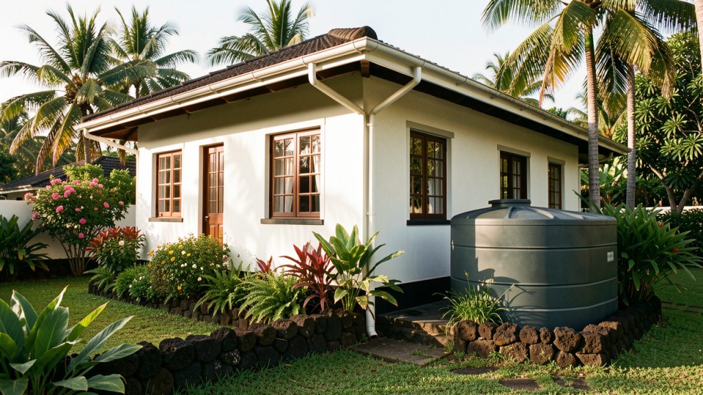 Maison créole à La Réunion équipée de gouttières et d’un récupérateur d’eau de pluie fermé, entourée d’un jardin tropical verdoyant.