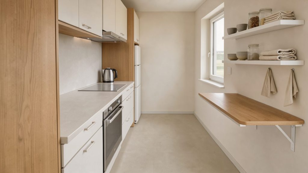 Cuisine étroite organisée pour faciliter la circulation, avec rangements fins, appareils bien disposés et espace central dégagé.