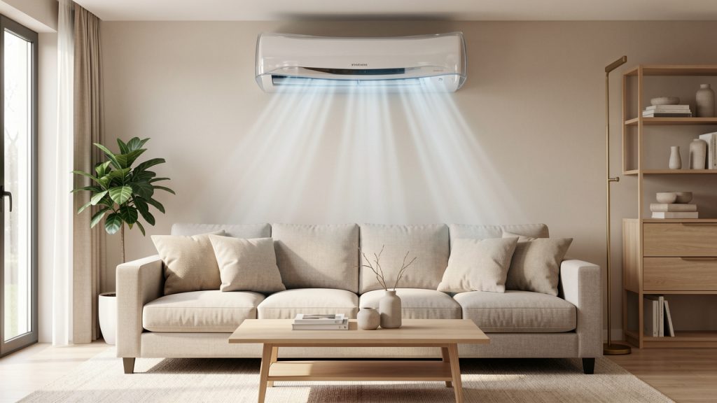 Déflecteur transparent fixé à une climatisation murale, orientant l’air frais au-dessus d’un canapé dans un séjour moderne.