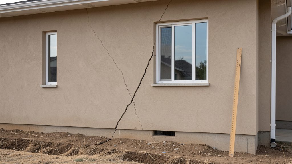 Façade réaliste d’une maison individuelle avec une fissure diagonale près d’une fenêtre, un sol sec et une règle de mesure visible au pied du mur.