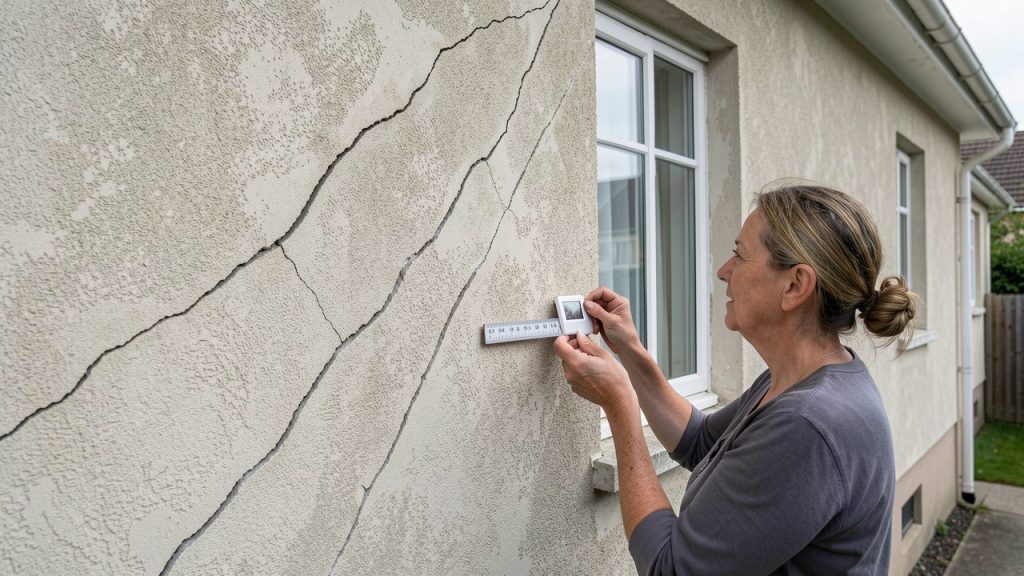 Façade d’une maison individuelle avec des fissures diagonales près d’une fenêtre, photographiées par une propriétaire tenant un réglet.