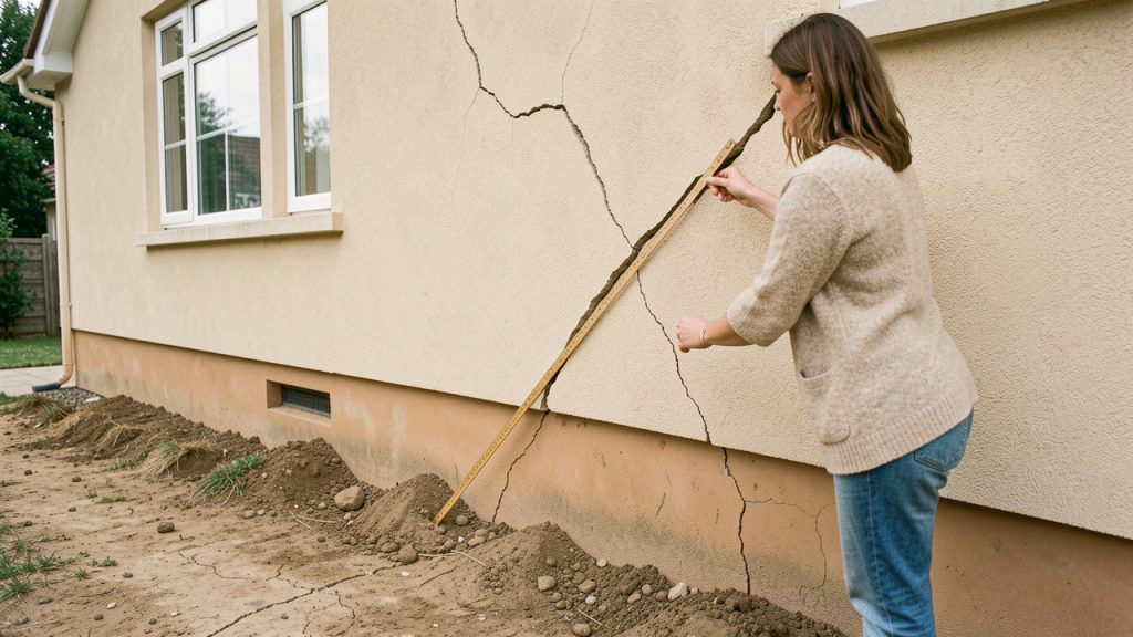Une propriétaire mesure avec une règle une fissure oblique sur la façade d’une maison individuelle après une période de sécheresse.