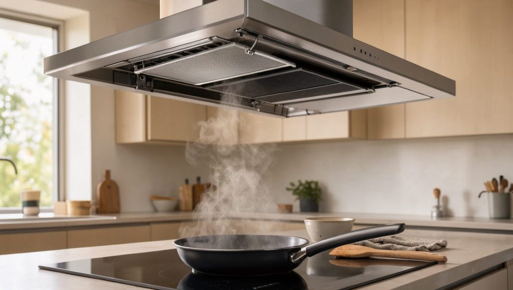 Hotte de cuisine à recyclage au-dessus d’une poêle, avec filtres à graisse et à charbon visibles dans une cuisine moderne.