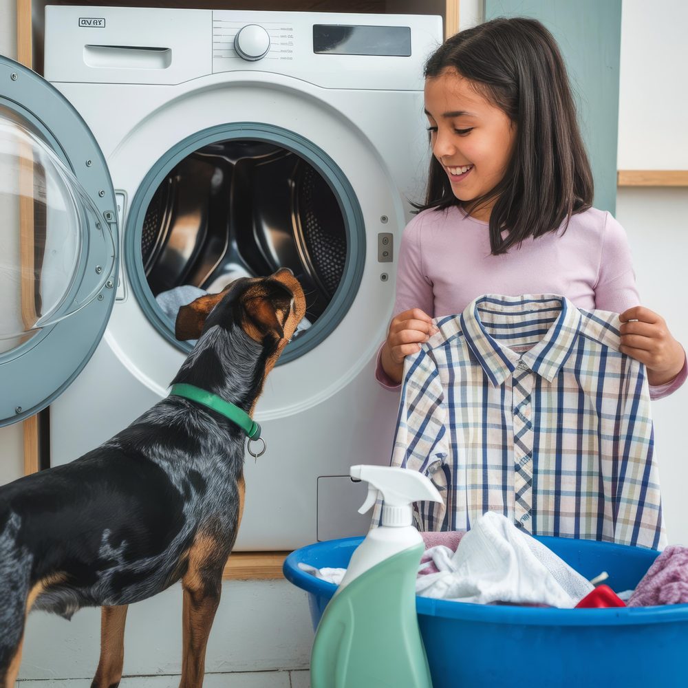 Petite salle d’eau équipée d’un lave-linge placé sous un plan de travail, sans fuite visible.