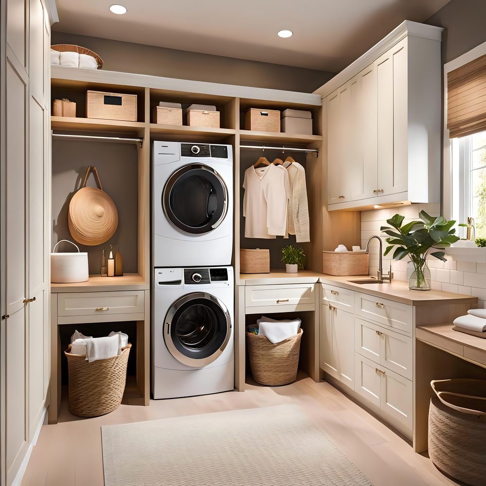Espace étroit préparé avec les branchements nécessaires pour installer un sèche-linge en appartement.
