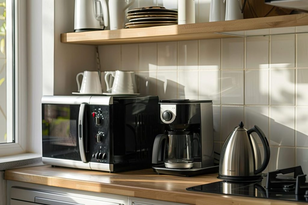 Un micro-ondes et une bouilloire électrique branchés sur le même plan de travail dans une cuisine.