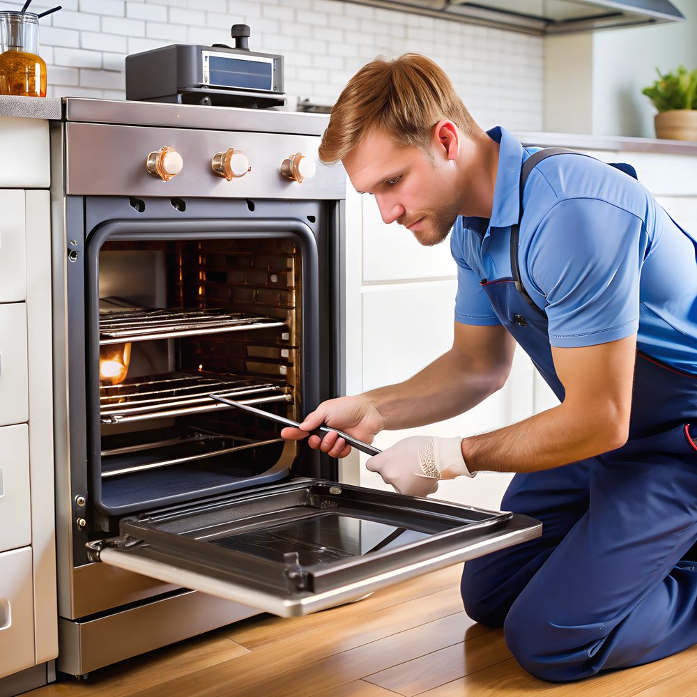 Four encastrable ouvert pendant une intervention de réparation dans une cuisine.