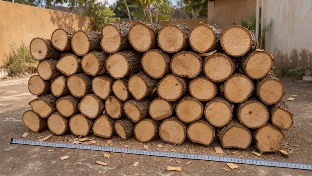 Tas de bûches de chauffage soigneusement empilées dans une cour ensoleillée à La Réunion, avec un mètre ruban posé à côté pour vérifier leur longueur de 50 cm.