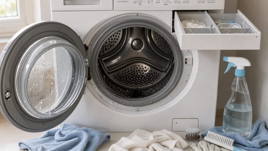 Lave-linge ouvert montrant les zones humides à nettoyer, notamment le joint de porte, le bac à lessive et le tambour.